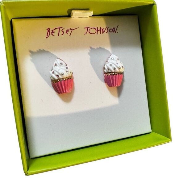 New in Box BETSEY JOHNSON Cupcakes Stud Earrings Pink White Rhinestones Dessert - Picture 6 of 12